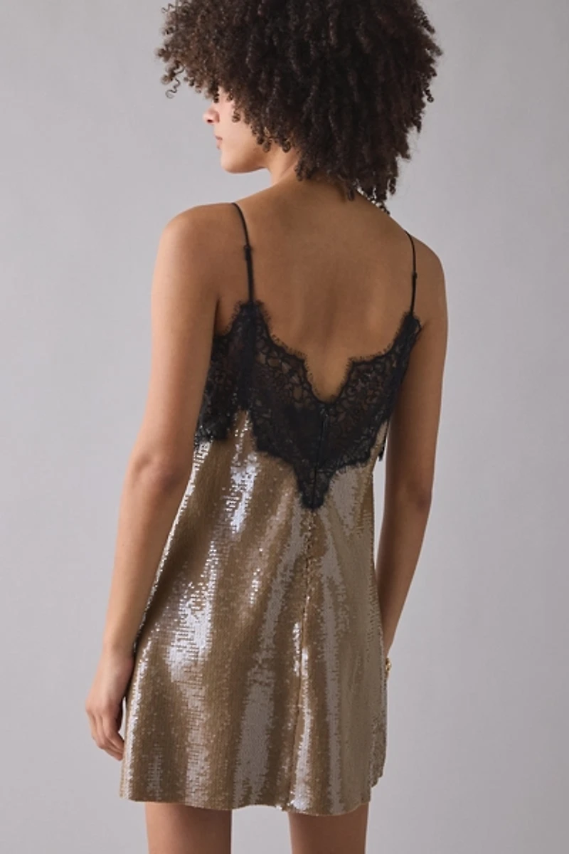 For Love & Lemons Sylvie Lace Trim Sequin Mini Dress
