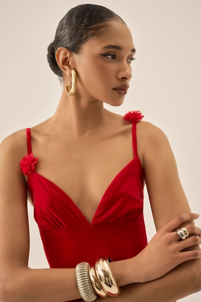 For Love & Lemons Huda Red Velvet Bias Cut Maxi Dress