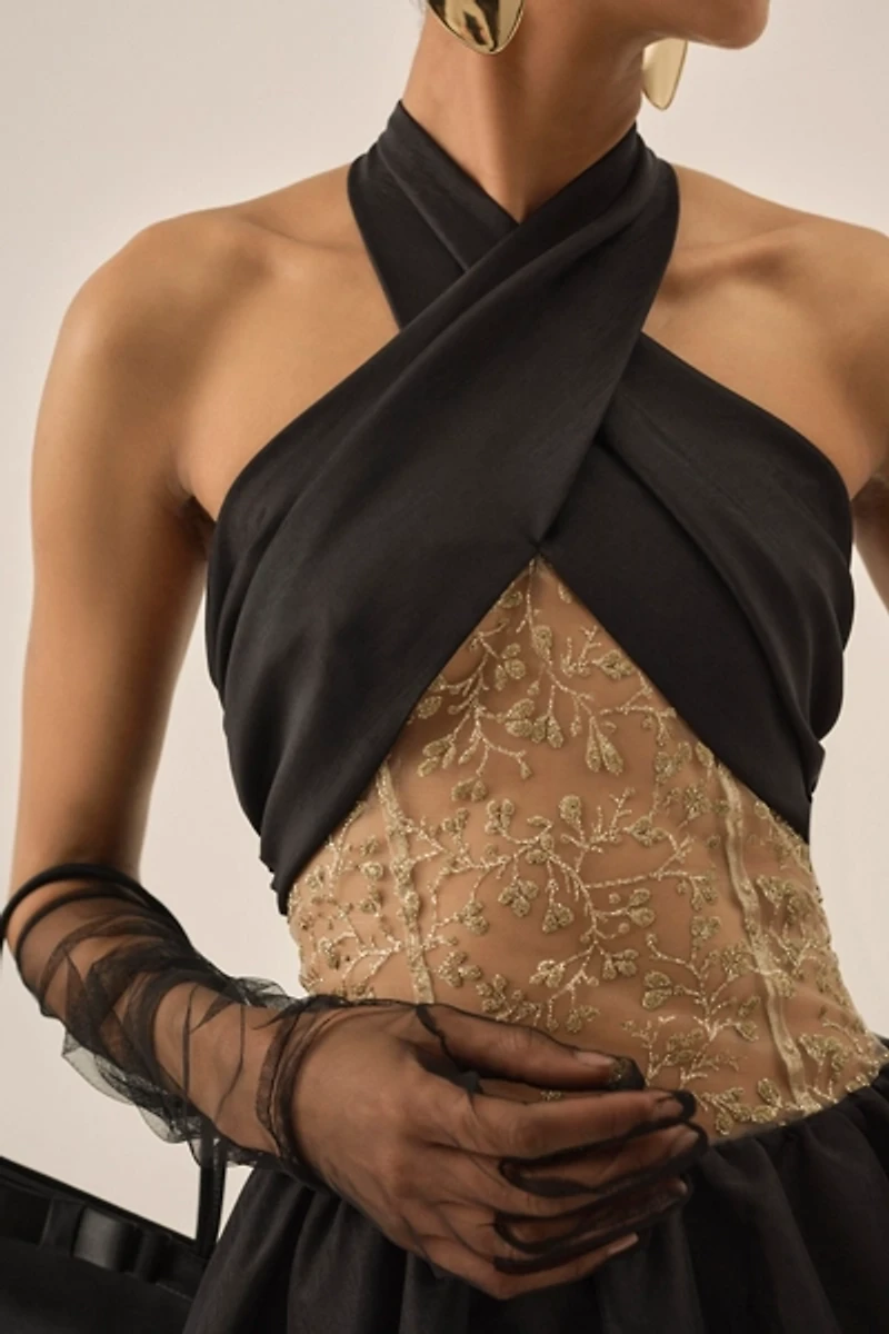 For Love & Lemons Shimmering Petals Black Mini Dress