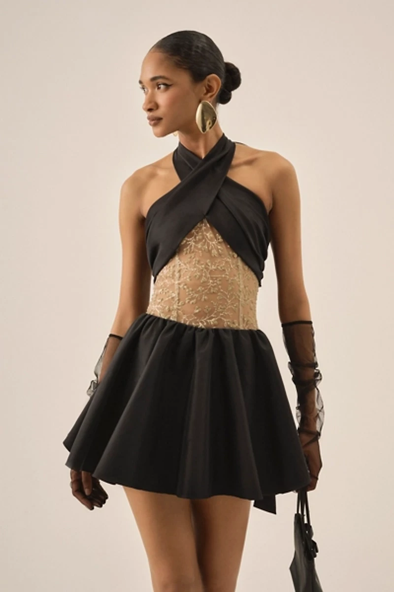 For Love & Lemons Shimmering Petals Black Mini Dress