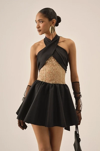 For Love & Lemons Shimmering Petals Black Mini Dress