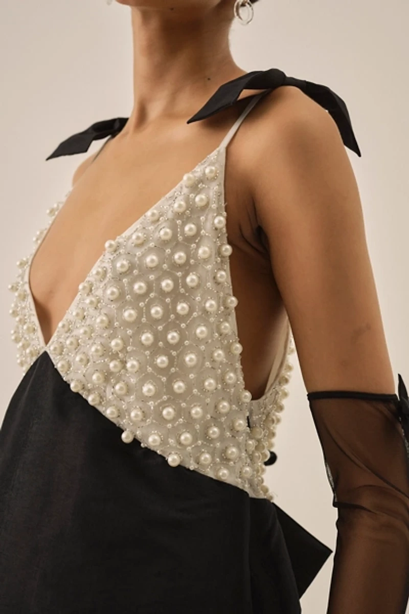 For Love & Lemons Pearly Bow Beaded Mini Dress