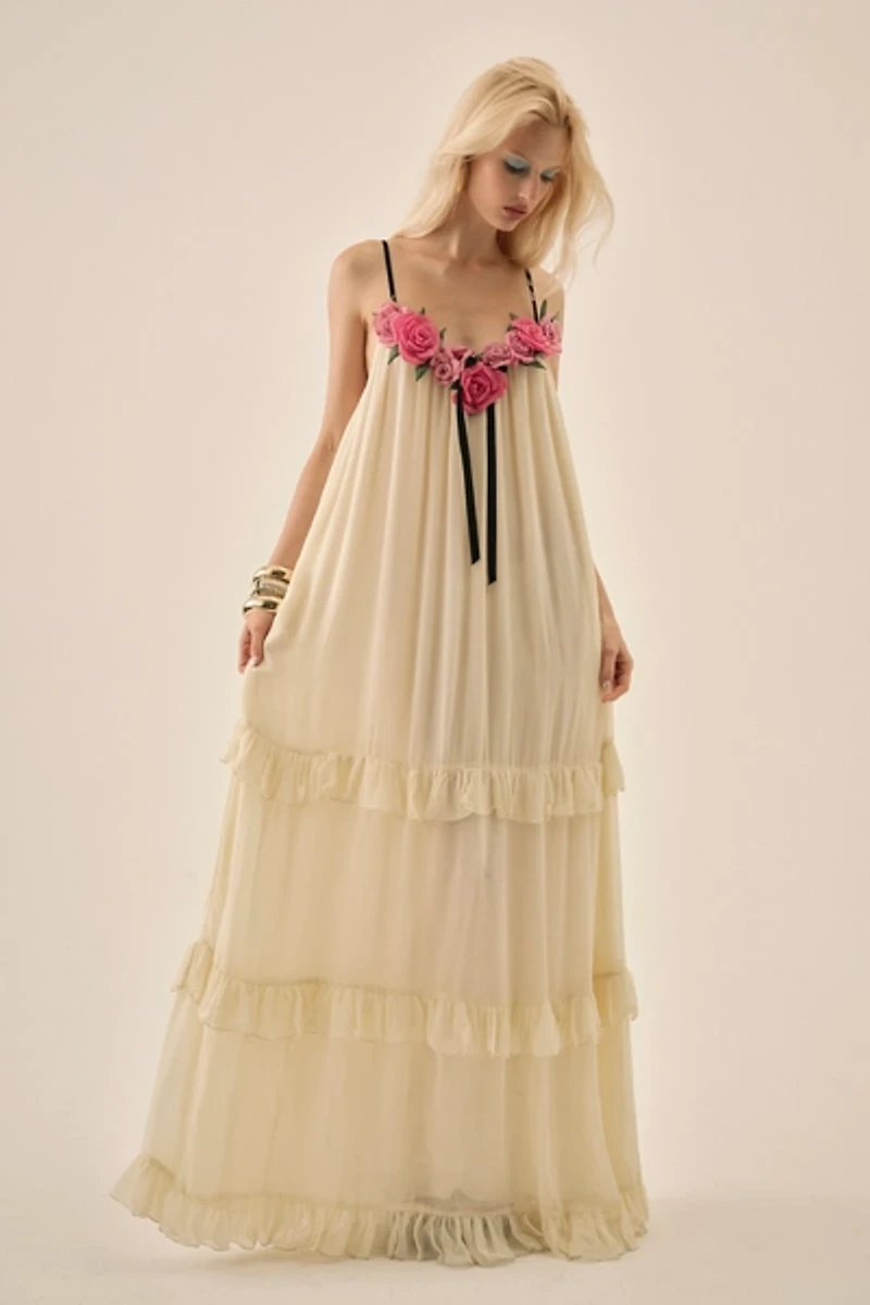 For Love & Lemons Rosalie Embellished Tiered Maxi Dress