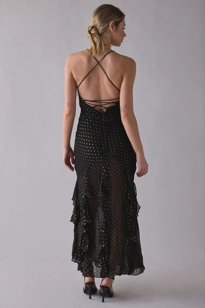 For Love & Lemons Elena Cascading Ruffle Polka Dot Maxi Dress