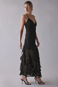 For Love & Lemons Elena Cascading Ruffle Polka Dot Maxi Dress