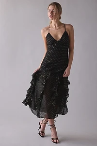 For Love & Lemons Elena Cascading Ruffle Polka Dot Maxi Dress