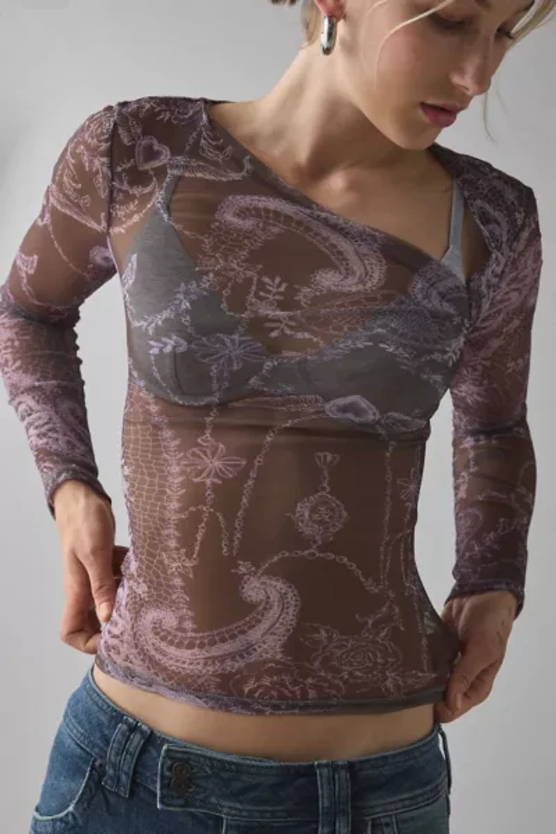 Kimchi Blue Love Club Asymmetric Sheer Mesh Long Sleeve Top