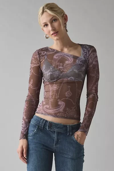 Kimchi Blue Love Club Asymmetric Sheer Mesh Long Sleeve Top