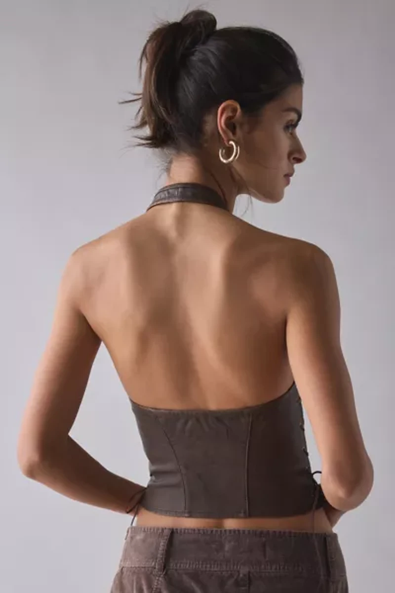 UO Maddison Side-Tie Faux Leather Plunging Halter Top