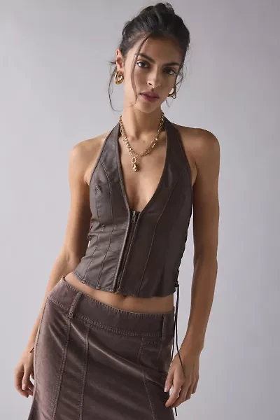 UO Maddison Side-Tie Faux Leather Plunging Halter Top