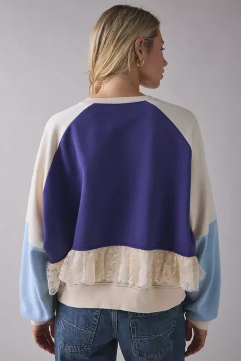 BDG Raven Crafty Lace Trim Patchwork Graphic Pullover