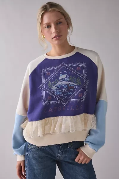 BDG Raven Crafty Lace Trim Patchwork Graphic Pullover