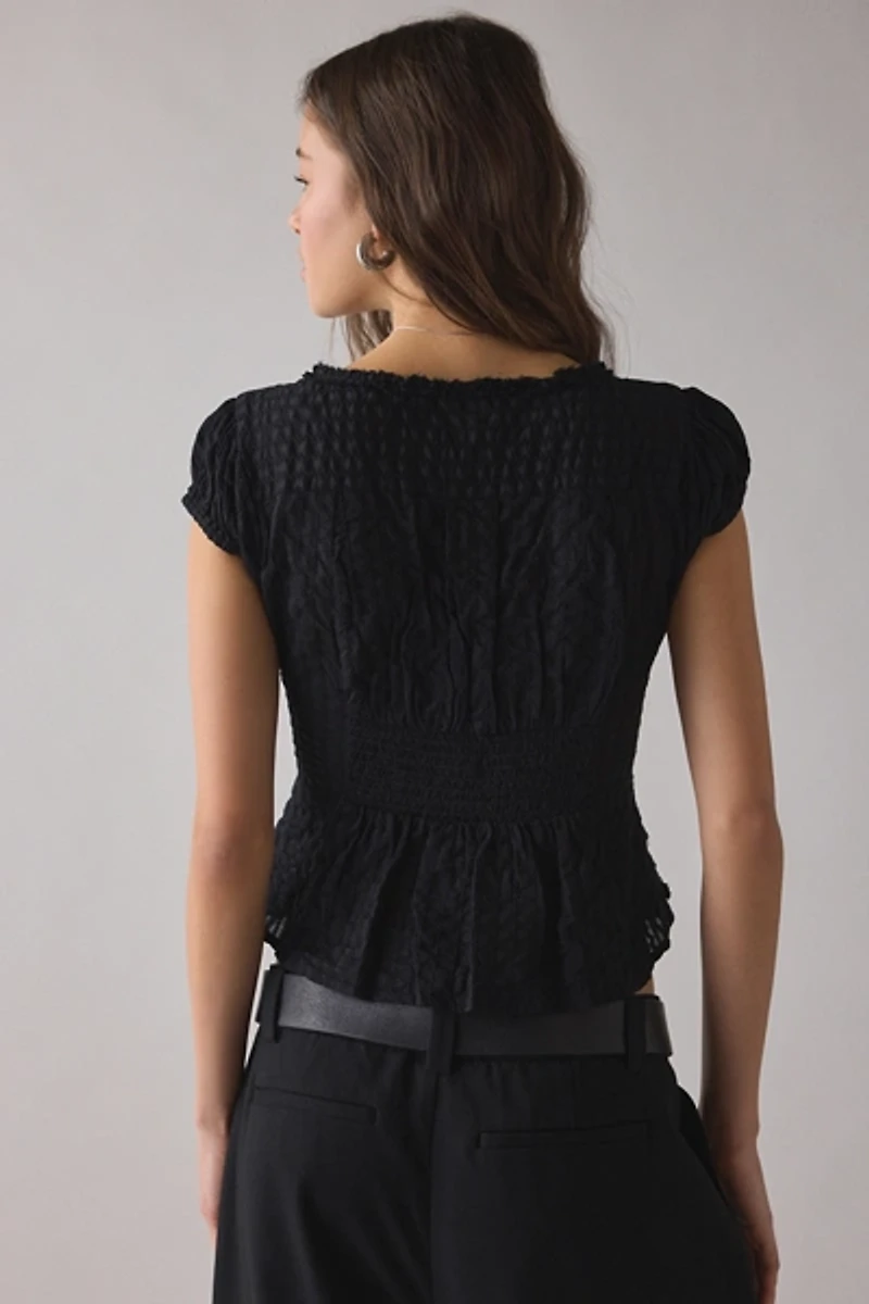 Kimchi Blue Robyn Ruffle + Lace Trim Puff Sleeve Button-Up Blouse