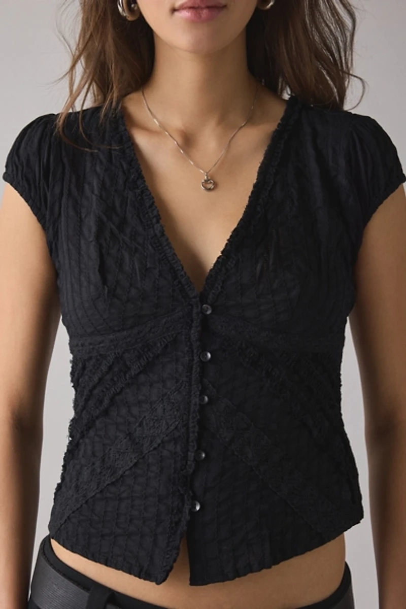 Kimchi Blue Robyn Ruffle + Lace Trim Puff Sleeve Button-Up Blouse