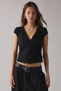 Kimchi Blue Robyn Ruffle + Lace Trim Puff Sleeve Button-Up Blouse