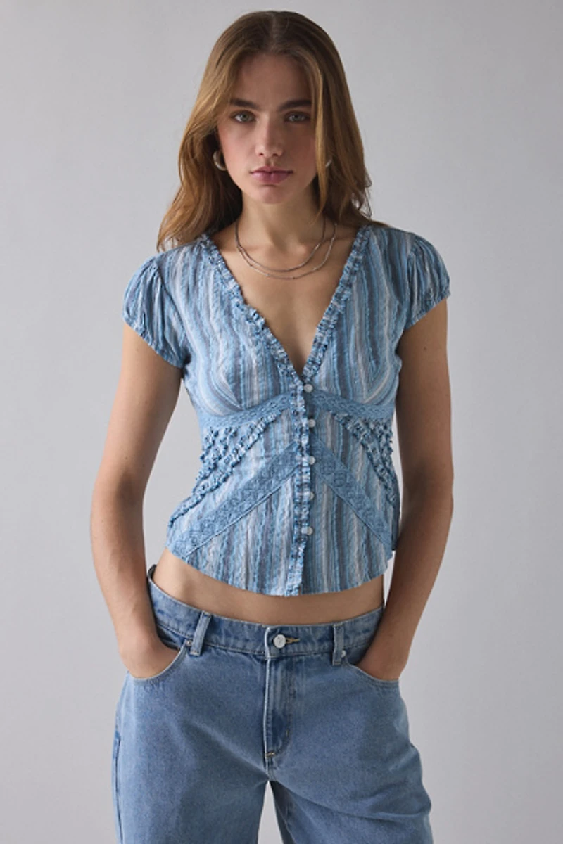 Kimchi Blue Robyn Ruffle + Lace Trim Puff Sleeve Button-Up Blouse