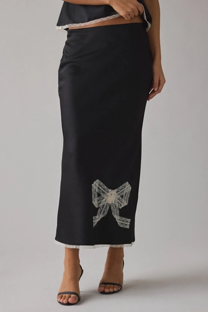 LoveShackFancy Vallis Bow Applique Lace Trim Satin Slip Midi Skirt