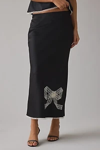 LoveShackFancy Vallis Bow Applique Lace Trim Satin Slip Midi Skirt