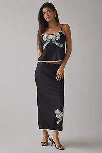LoveShackFancy Vallis Bow Applique Lace Trim Satin Slip Midi Skirt