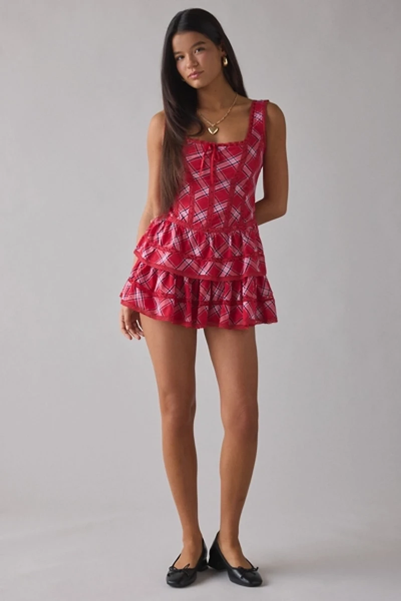 LoveShackFancy Torres Lace Trim Corset Tartan Mini Dress
