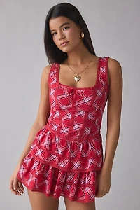 LoveShackFancy Torres Lace Trim Corset Tartan Mini Dress