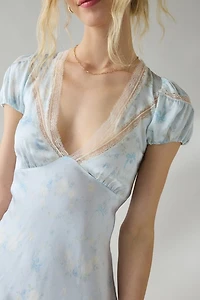 LoveShackFancy Sylara Short Sleeve Lace Trim Silk Mini Dress