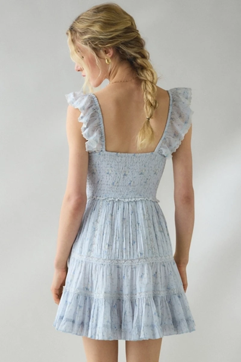 LoveShackFancy Presline Flutter Sleeve Lace Trim Mini Dress