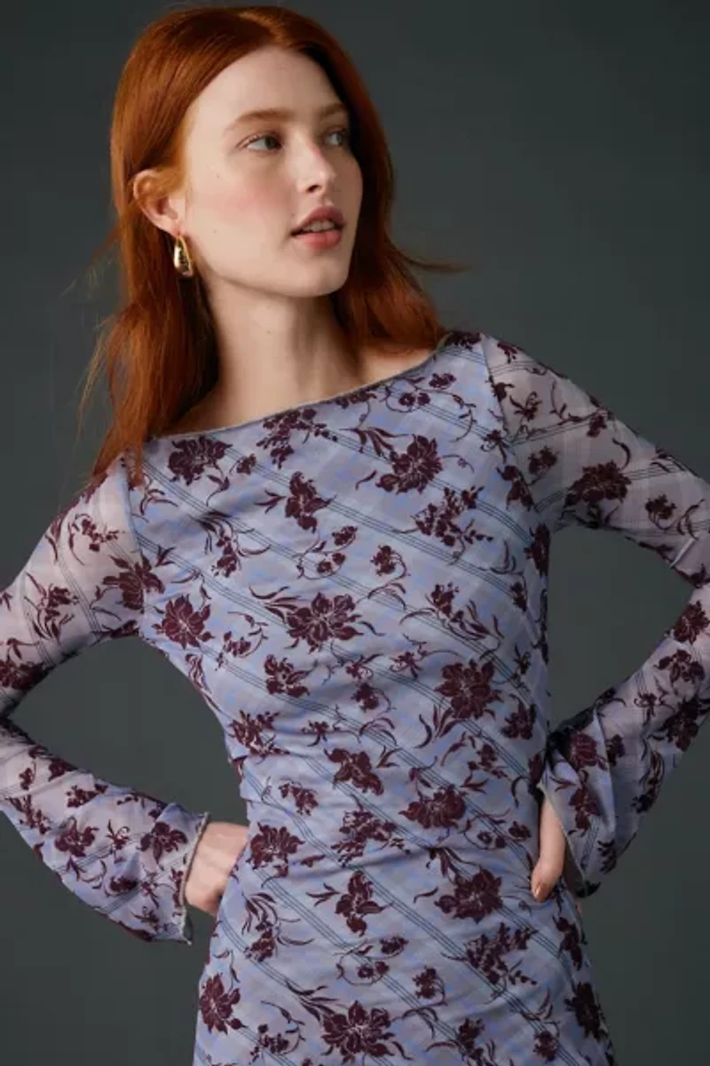 Motel Selvia Velvet Floral Flocked Check Mesh Mini Dress