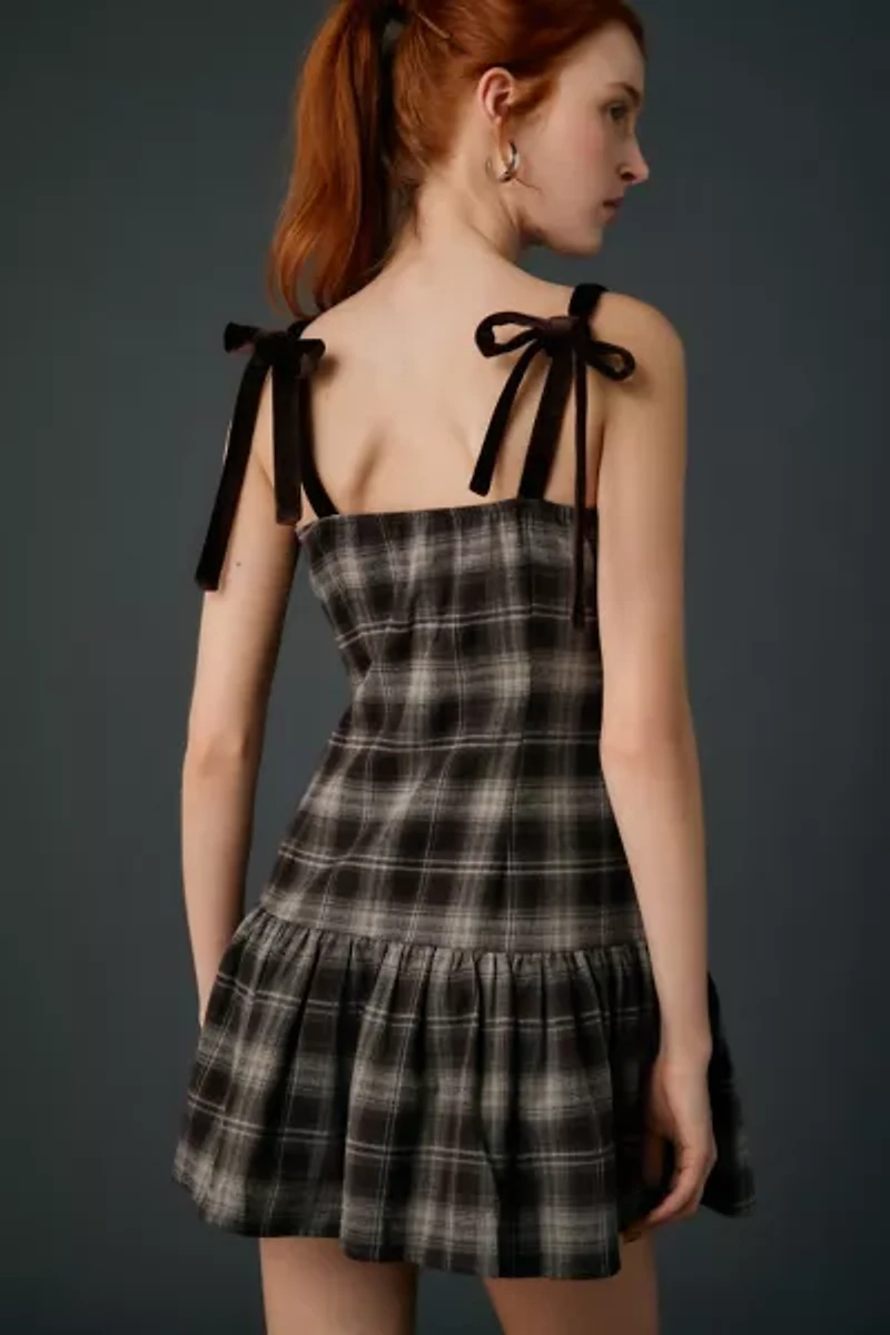 Motel Miyori Square Neck Tie-Strap Plaid Mini Dress