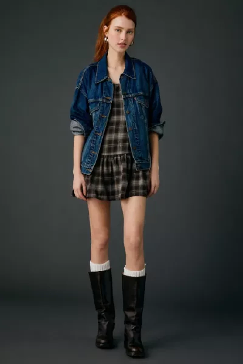 Motel Miyori Square Neck Tie-Strap Plaid Mini Dress
