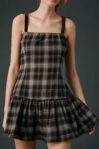 Motel Miyori Square Neck Tie-Strap Plaid Mini Dress