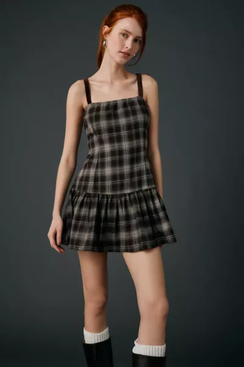 Motel Miyori Square Neck Tie-Strap Plaid Mini Dress