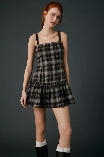 Motel Miyori Square Neck Tie-Strap Plaid Mini Dress