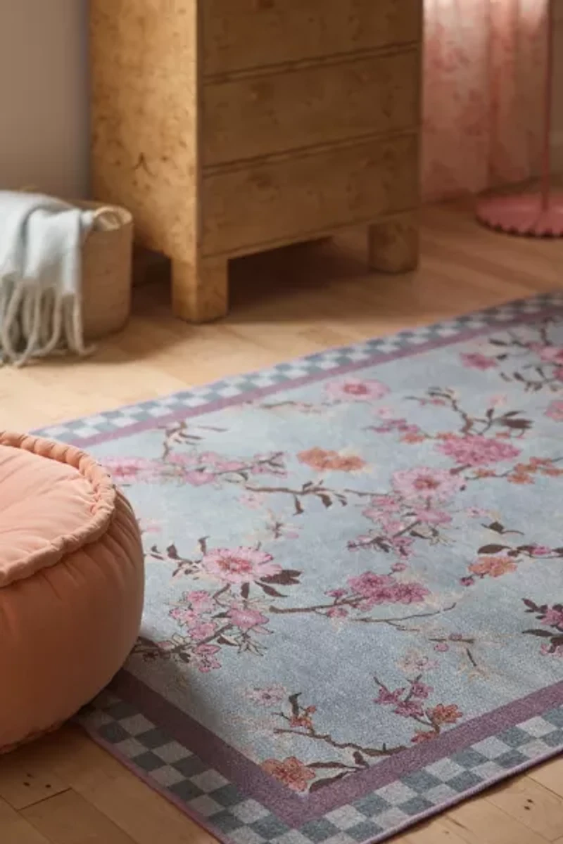 Checkered Border Floral Printed Rug