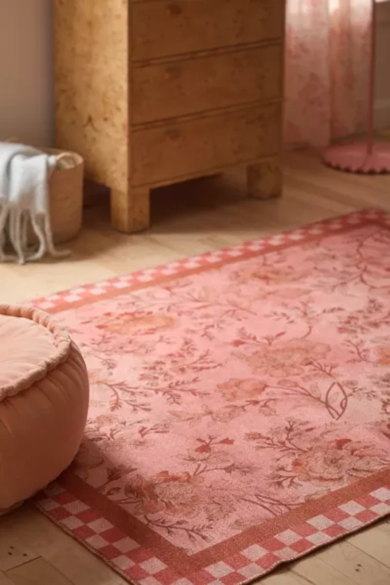 Checkered Border Floral Printed Rug