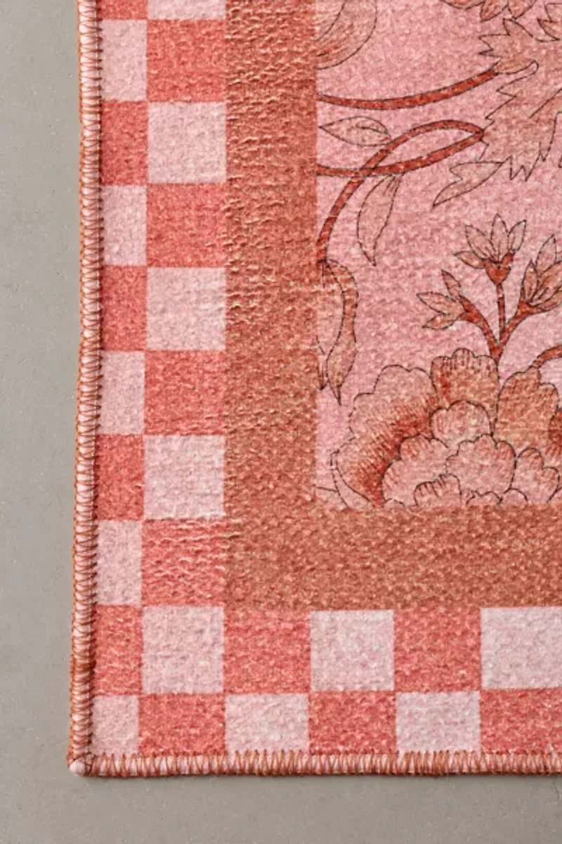 Checkered Border Floral Printed Rug