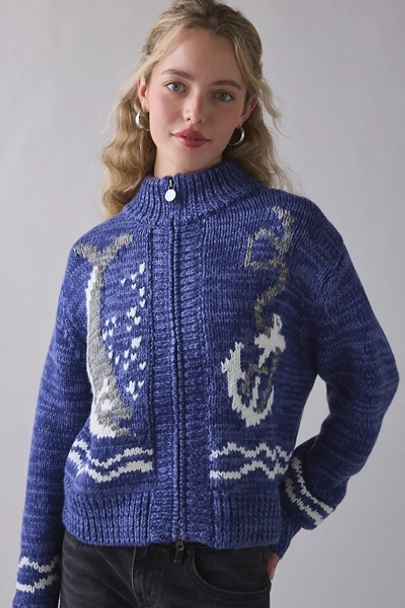 BDG Isla Sailboat Patterned Knit Zip-Up Sweater