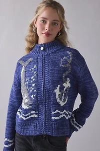 BDG Isla Sailboat Patterned Knit Zip-Up Sweater