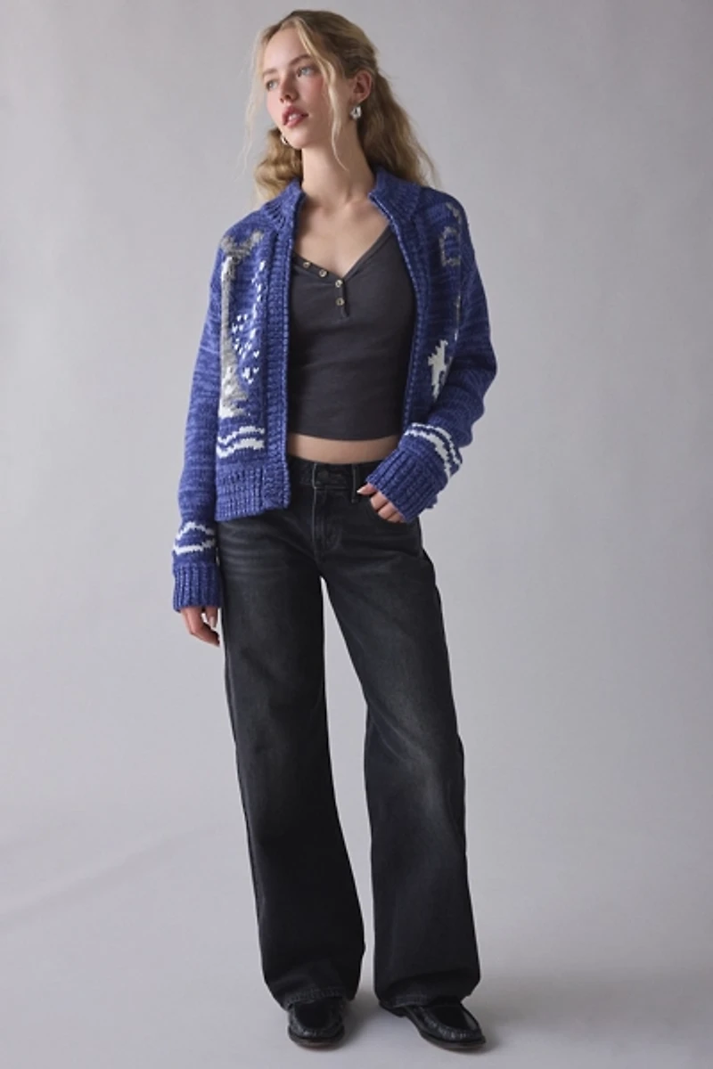 BDG Isla Sailboat Patterned Knit Zip-Up Sweater