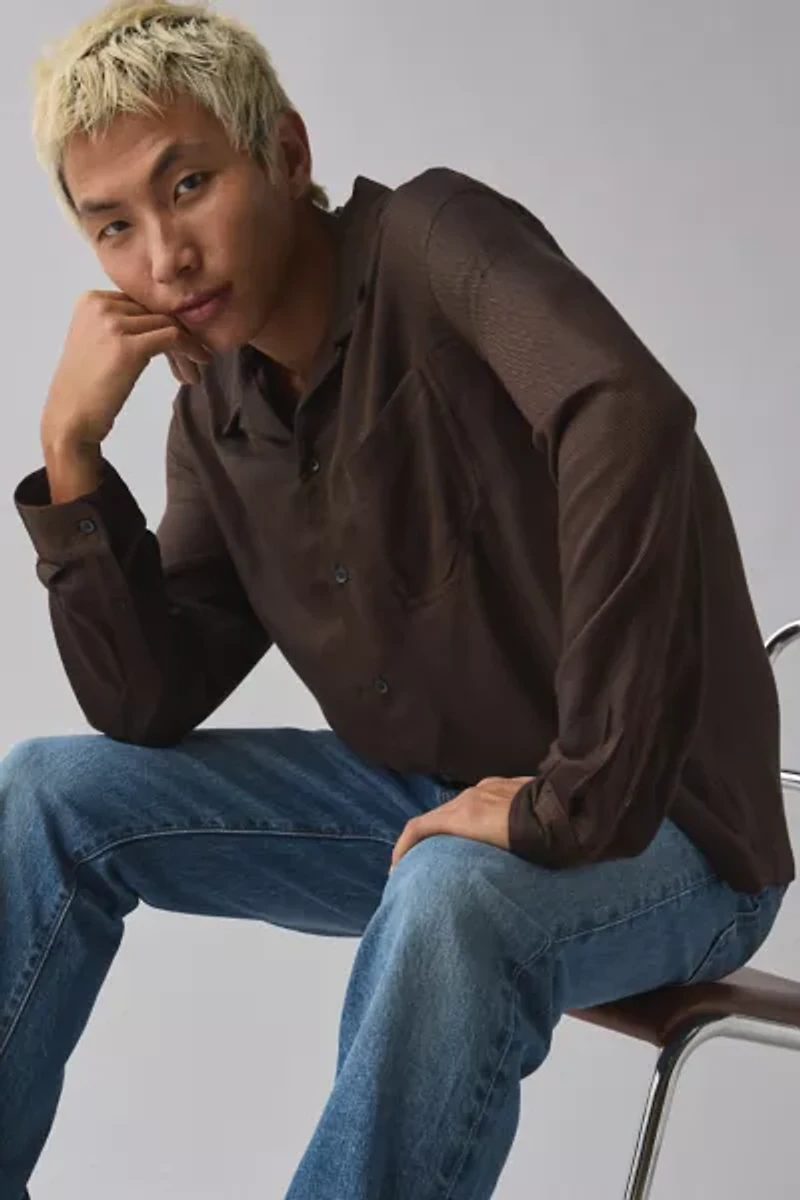 UO Herringbone Drapey Long Sleeve Shirt