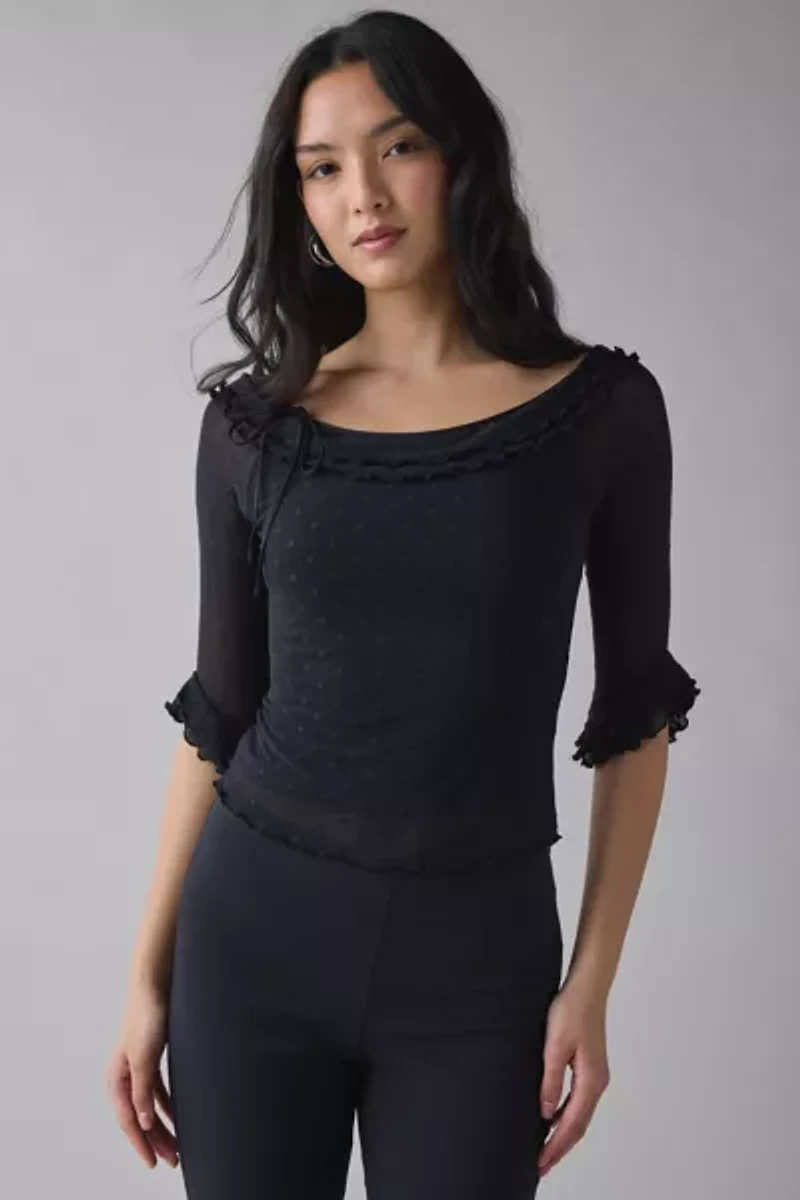 Kimchi Blue Rosalyn Polka Dot Mesh 3/4 Sleeve Boatneck Top