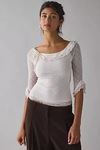 Kimchi Blue Rosalyn Polka Dot Mesh 3/4 Sleeve Boatneck Top