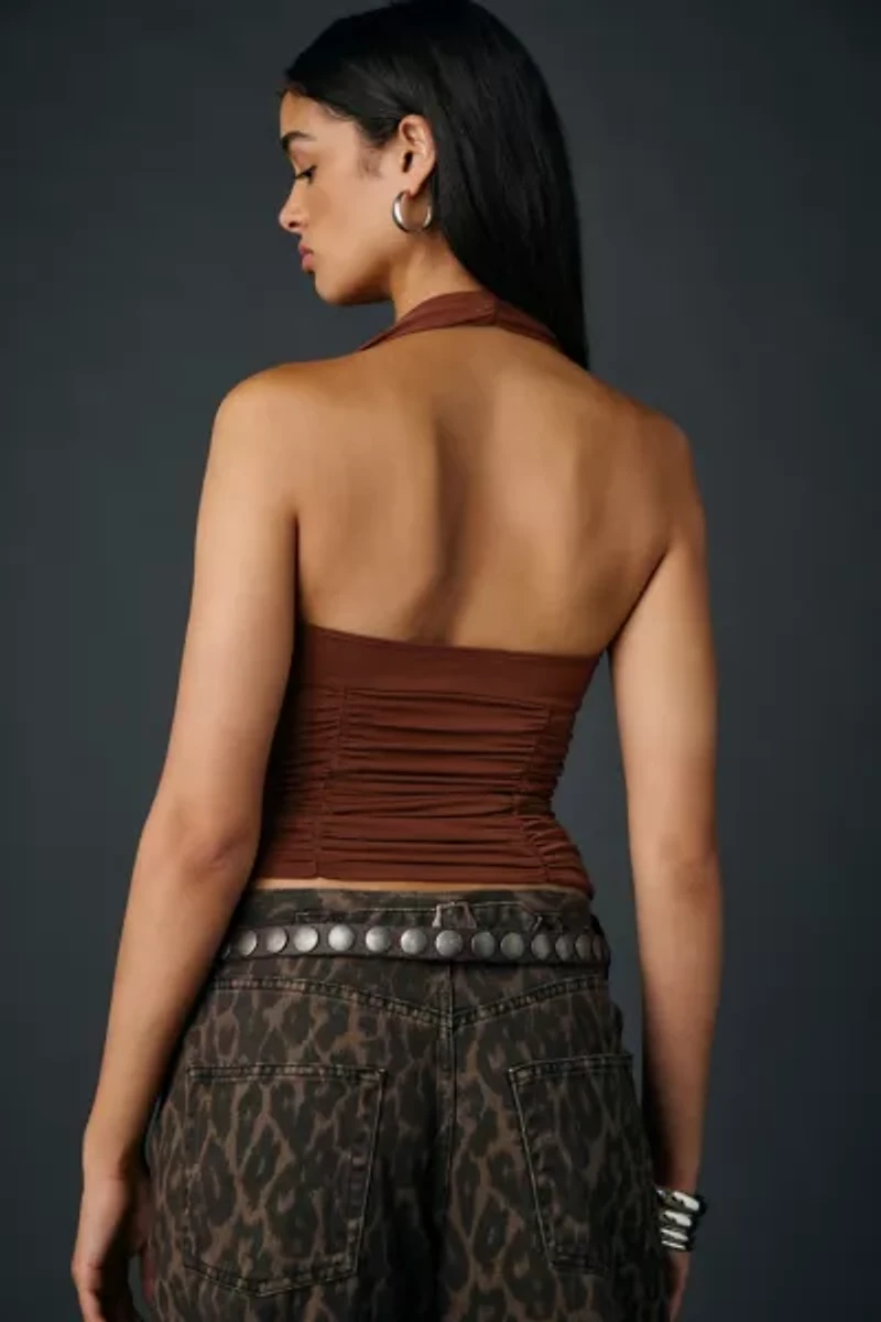 UO Erin Ruched Jersey Knit Cropped Halter Top