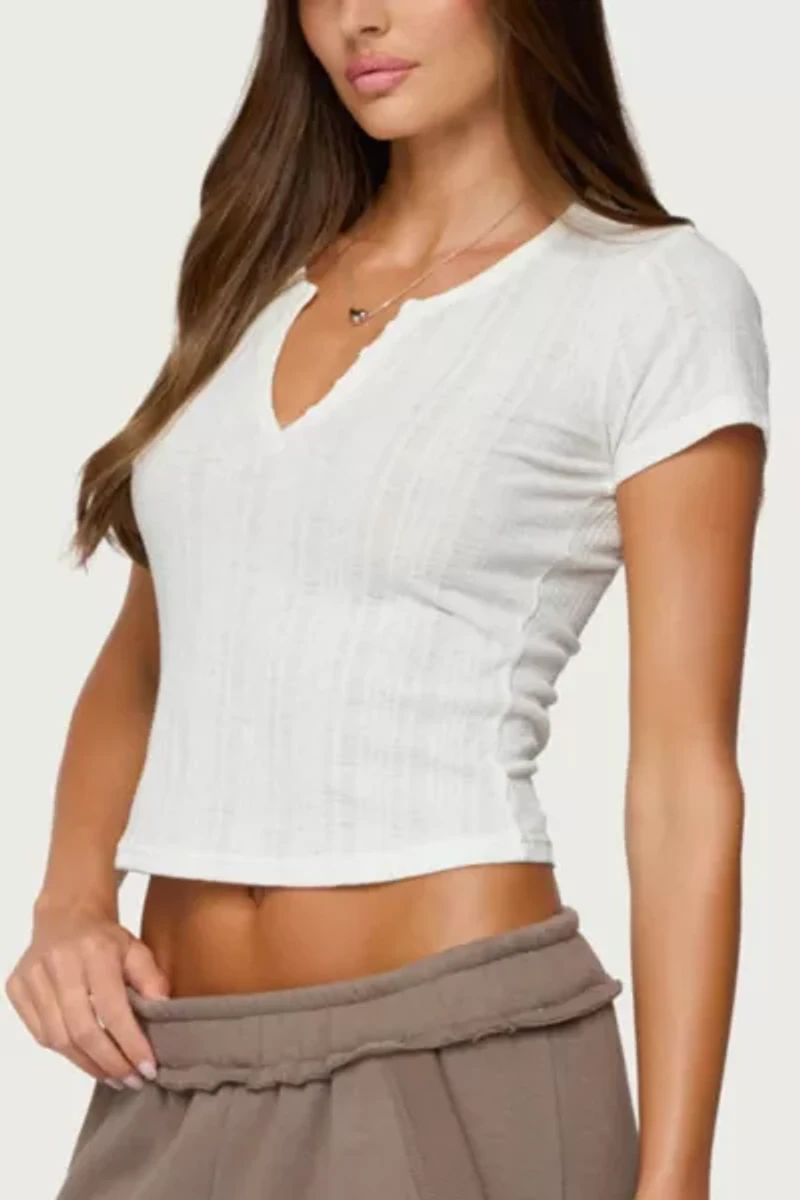 Edikted Semi Sheer Ribbed V Neck T Shirt