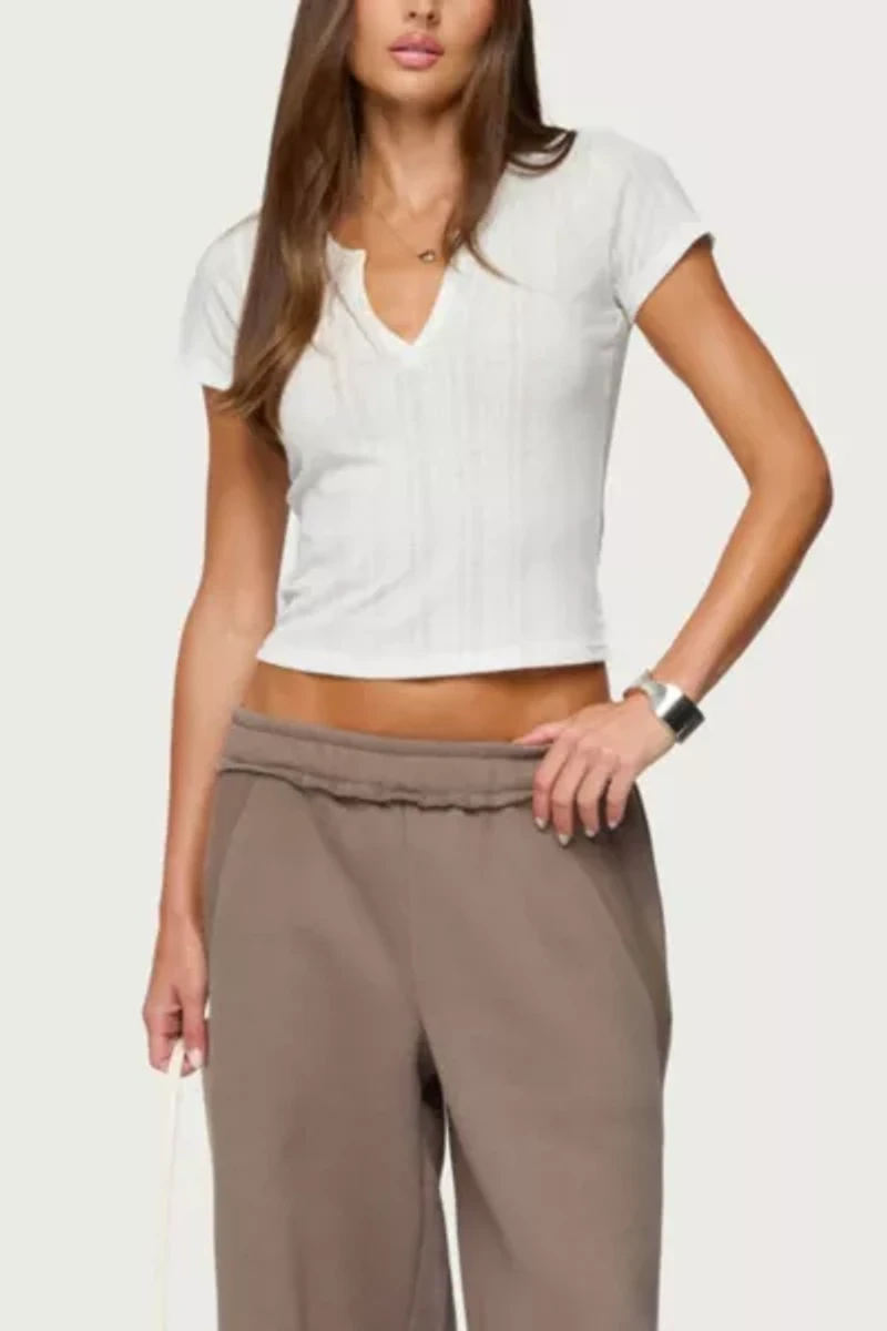 Edikted Semi Sheer Ribbed V Neck T Shirt