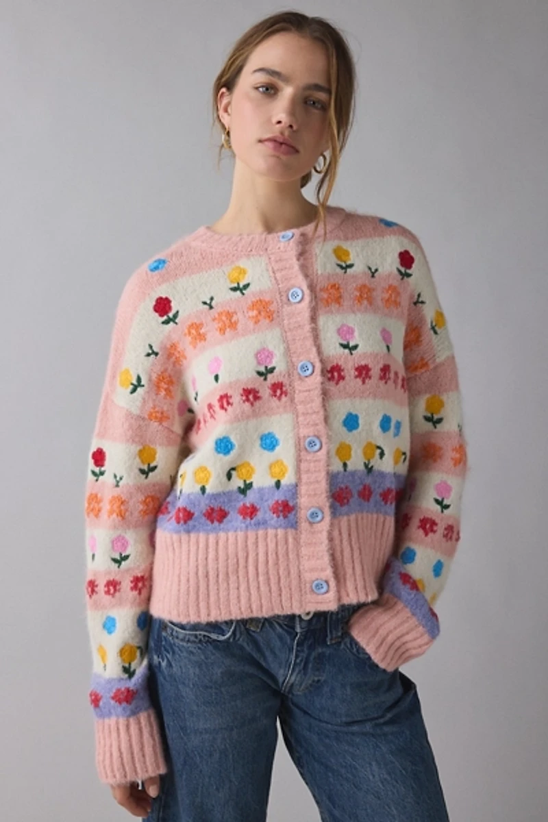BDG Becca Floral Embroidered Brushed Knit Oversized Cardigan