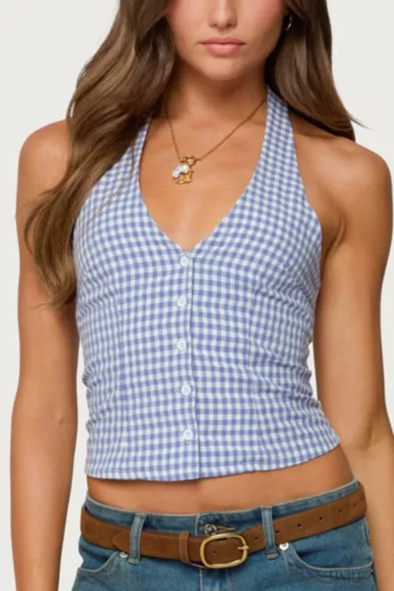 Edikted Evan Gingham Button Up Halter Top