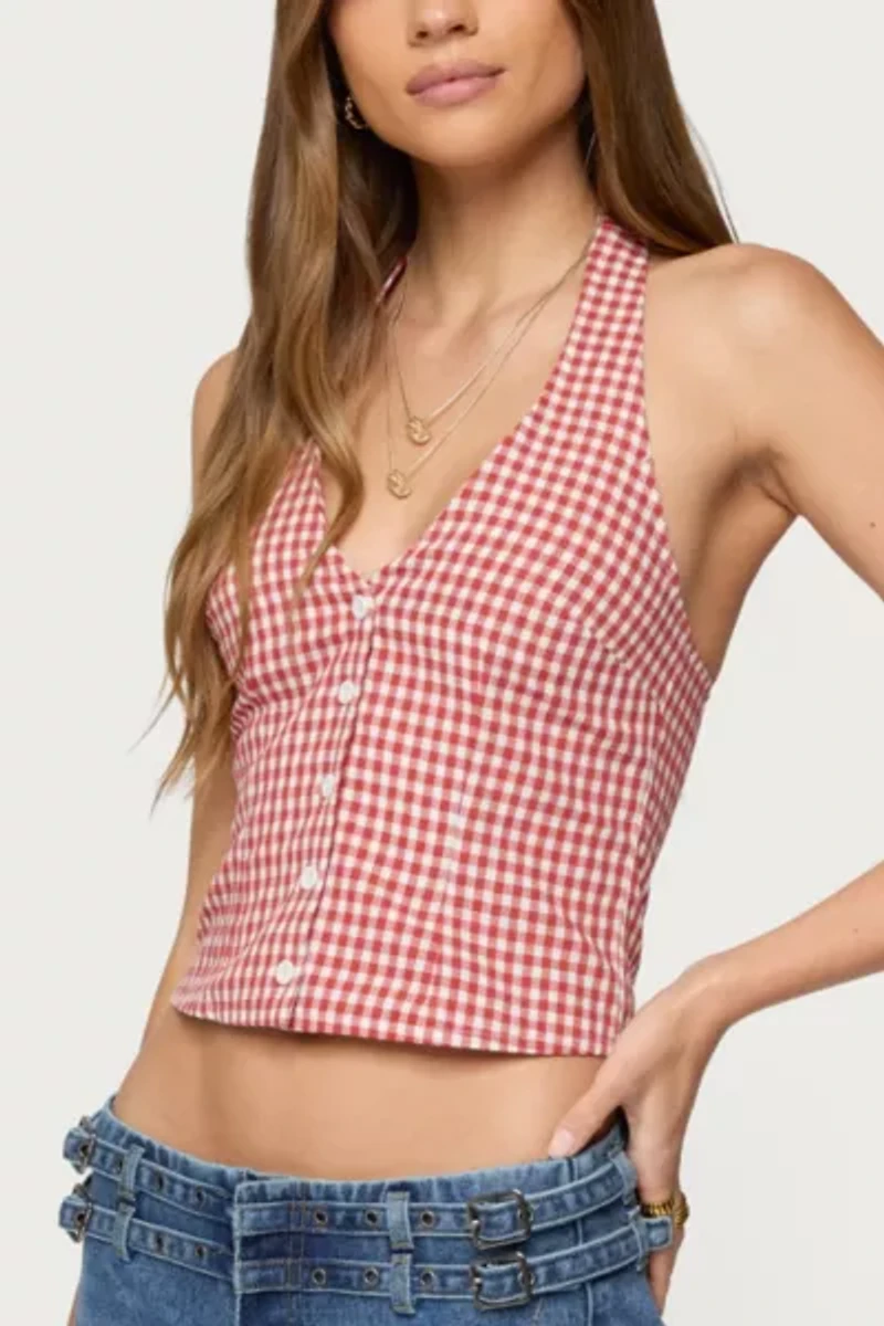 Edikted Evan Gingham Button Up Halter Top