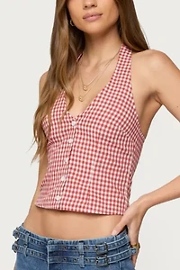 Edikted Evan Gingham Button Up Halter Top