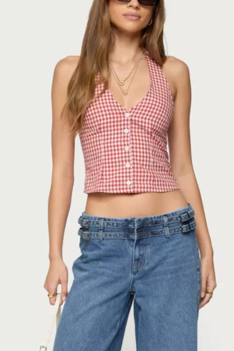 Edikted Evan Gingham Button Up Halter Top